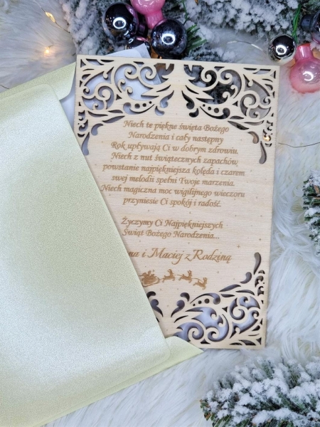 Grawerowana Ażurowa Kartka Świąteczna z życzeniami ze sklejki MegaPrezencik