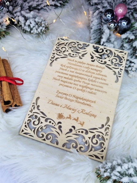 Grawerowana Ażurowa Kartka Świąteczna z życzeniami ze sklejki MegaPrezencik