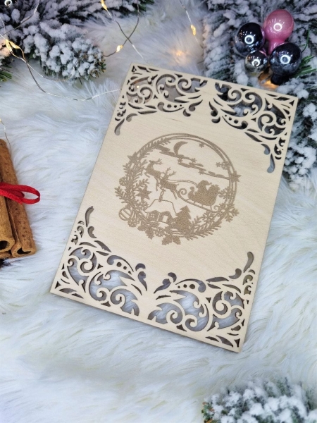 Grawerowana Ażurowa Kartka Świąteczna z życzeniami ze sklejki MegaPrezencik