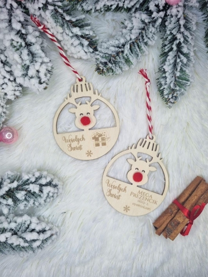 Bombka świąteczna z reniferem personalizowana z własnym LOGO ze sklejki 