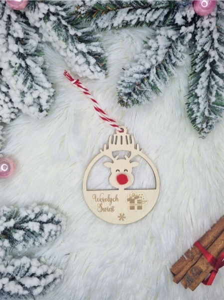 Bombka świąteczna z reniferem personalizowana z własnym LOGO ze sklejki MegaPrezencik