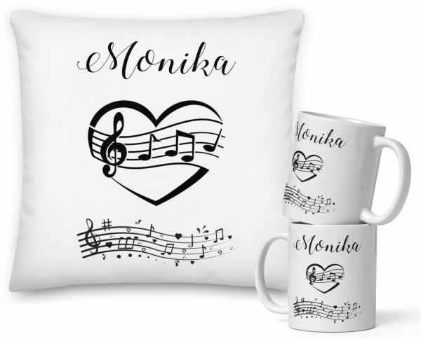 Zestaw Poduszka z nadrukiem i Kubek ceramiczny na prezent urodzinowy z motywem nut MegaPrezencik