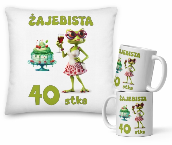 Zestaw urodzinowy poduszka i kubek z motywem żaby i tekstem Żajebista 40 stka MegaPrezencik
