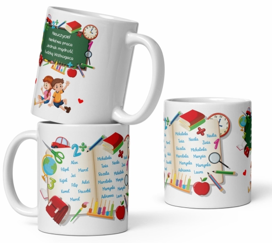 Kubek dla Nauczyciela z imionami uczniów z grafiką tablicy szkolnej