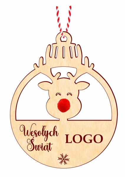 Bombka świąteczna z reniferem personalizowana z własnym LOGO ze sklejki MegaPrezencik