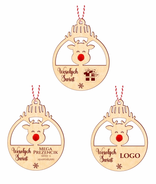 Bombka świąteczna z reniferem personalizowana z własnym LOGO ze sklejki MegaPrezencik
