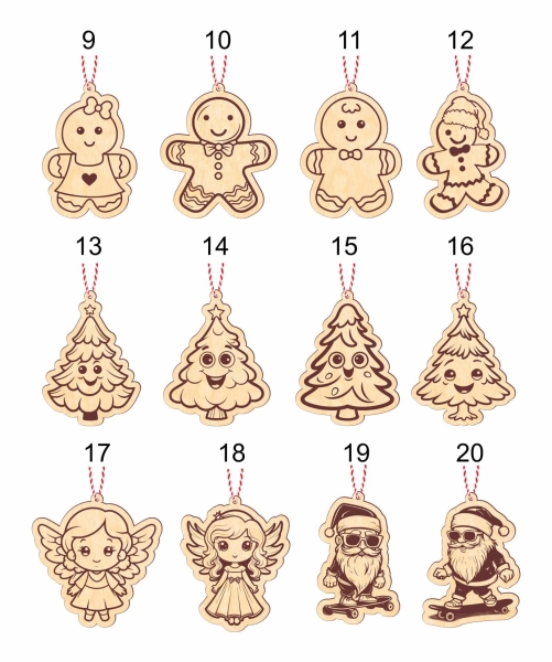 Bombki na choinkę ze sklejki w kształcie świątecznych postaci i dekoracji MegaPrezencik