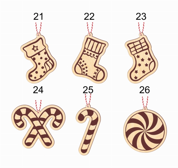 Bombki na choinkę ze sklejki w kształcie świątecznych postaci i dekoracji MegaPrezencik