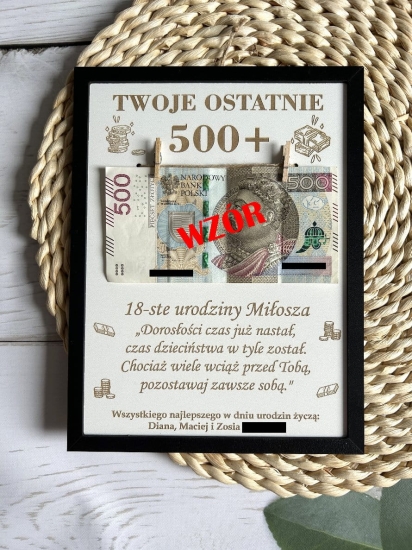 Prezent na osiemnaste urodziny. Ramka z miejscem na banknoty. Twoje ostatnie 500+