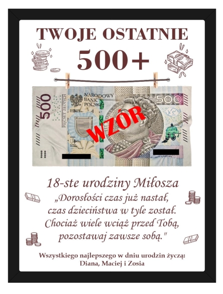 Prezent na osiemnaste urodziny. Ramka z miejscem na banknoty. Twoje ostatnie 500+ MegaPrezencik