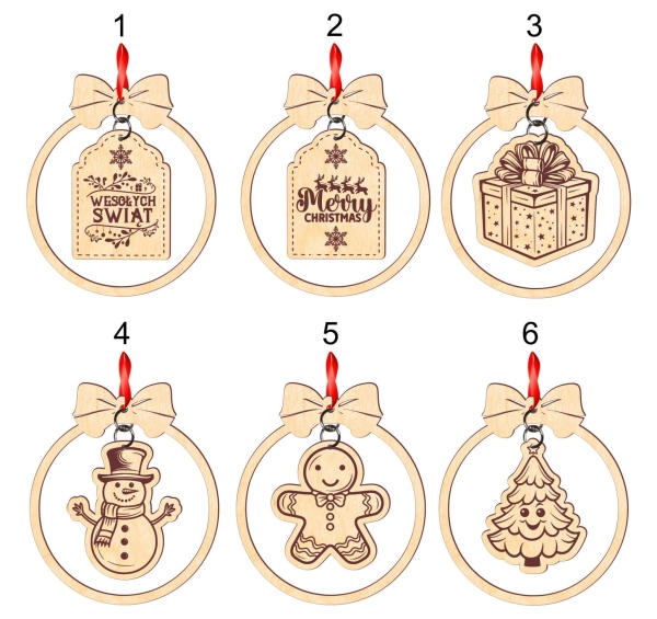 Bombki świąteczne na choinkę w wiszącymi ozdobami ze sklejki MegaPrezencik