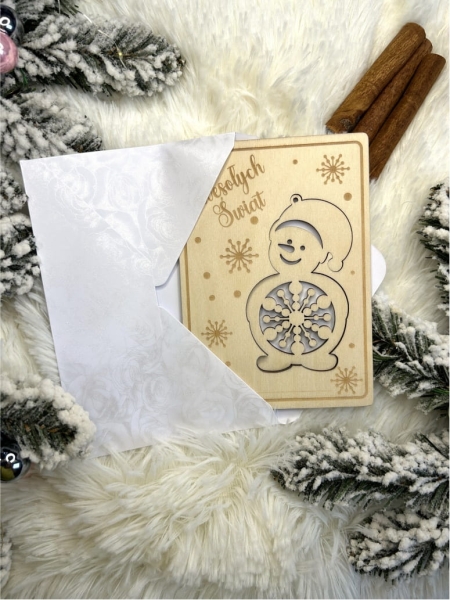 Świąteczna kartka z ukrytą bombką w kształcie bałwanka ze sklejki MegaPrezencik