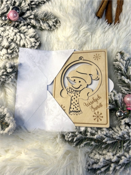 Świąteczna kartka z ukrytą bombką w kształcie bałwanka ze sklejki MegaPrezencik