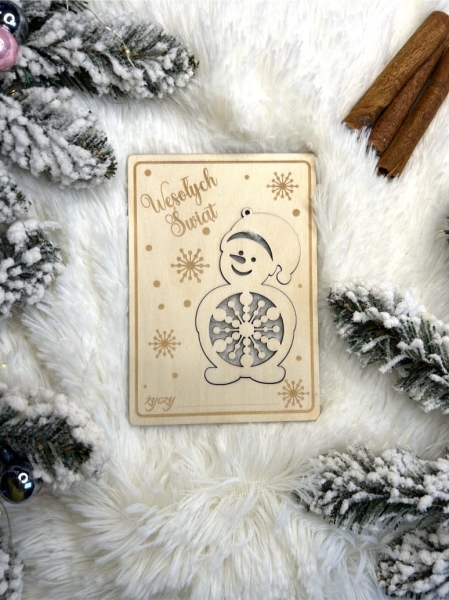 Świąteczna kartka z ukrytą bombką w kształcie bałwanka ze sklejki MegaPrezencik