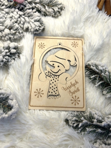 Świąteczna kartka z ukrytą bombką w kształcie bałwanka ze sklejki MegaPrezencik