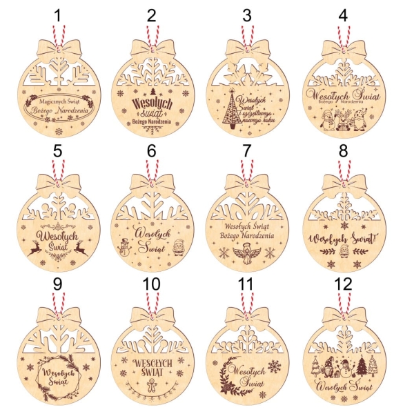 Bombki świąteczne ze śnieżynkami oraz napisem Wesołych Świąt ze sklejki MegaPrezencik