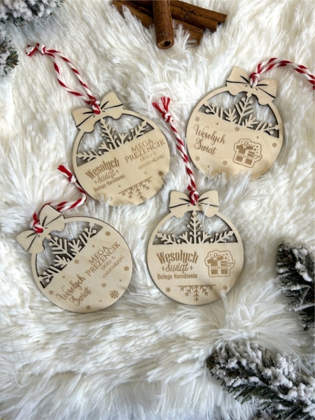 Bombka świąteczna personalizowana z własnym LOGO ze sklejki. Bombka firmowa MegaPrezencik