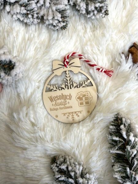 Bombka świąteczna personalizowana z własnym LOGO ze sklejki. Bombka firmowa MegaPrezencik