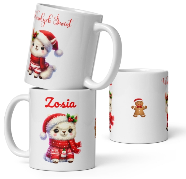 Kubek świąteczny dla dziewczynki z grafiką słodkiej lamy MegaPrezencik