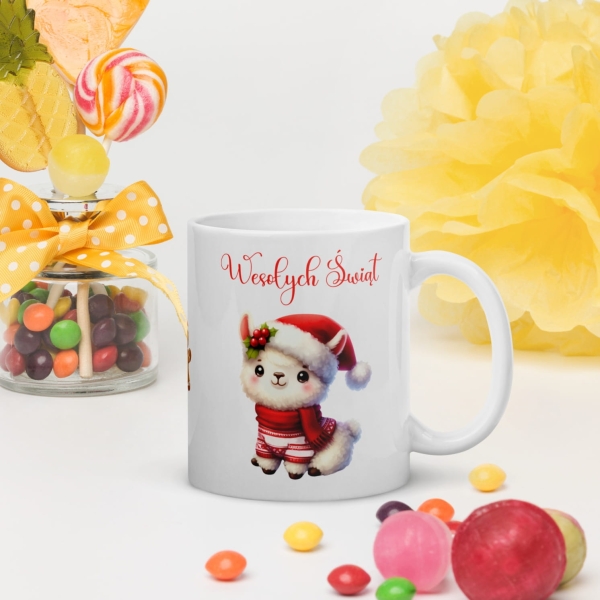 Kubek świąteczny dla dziewczynki z grafiką słodkiej lamy MegaPrezencik