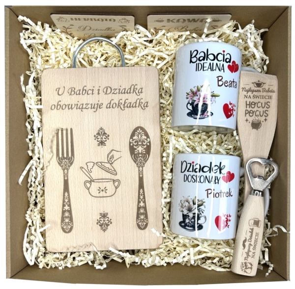 Zestaw na Dzień Babci i Dziadka. Kubki, deska do krojenia i podkładki pod kubek Mega Prezencik