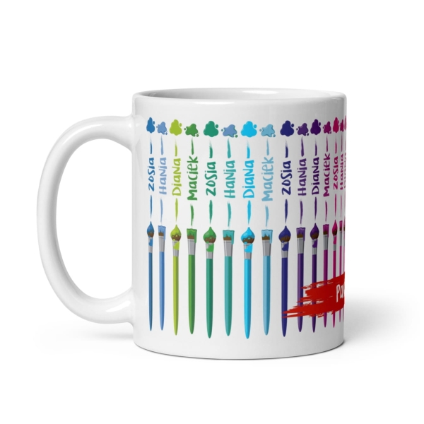 Kubek na Dzień Nauczyciela z imionami uczniów oraz kolorowymi pędzelkami Megaprezencik