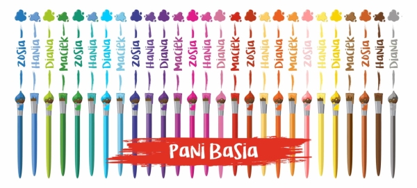 Kubek na Dzień Nauczyciela z imionami uczniów oraz kolorowymi pędzelkami Megaprezencik