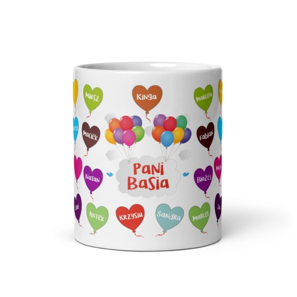 Kubek na Dzień Nauczyciela z imionami uczniów oraz kolorowymi balonikami Megaprezencik