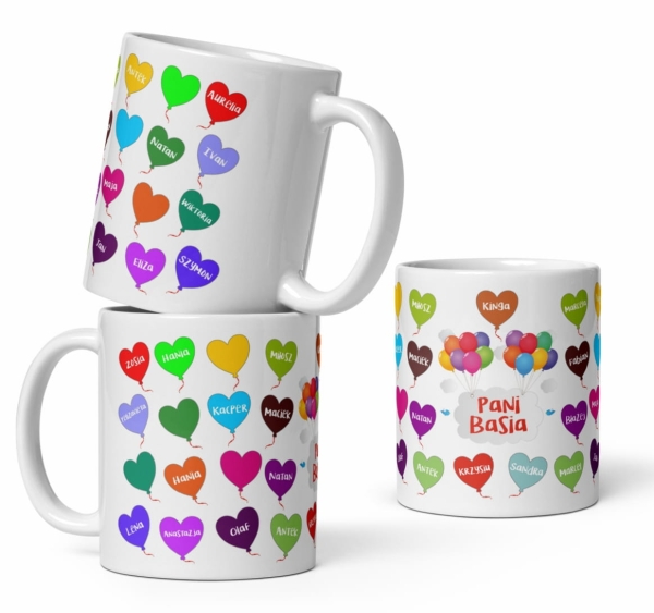 Kubek na Dzień Nauczyciela z imionami uczniów oraz kolorowymi balonikami Megaprezencik