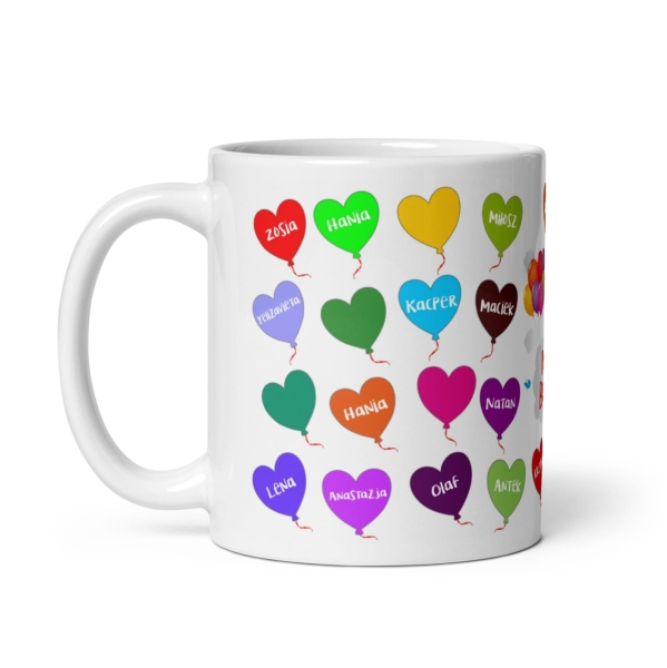 Kubek na Dzień Nauczyciela z imionami uczniów oraz kolorowymi balonikami Megaprezencik