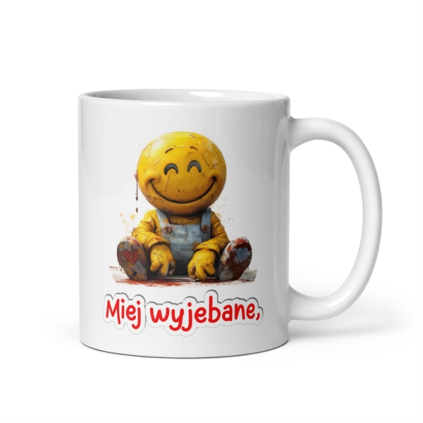 Śmieszny Kubek z uśmiechniętą minką oraz z napisem Miej wyjebane, a będzie ci dane! Mega Prezencik