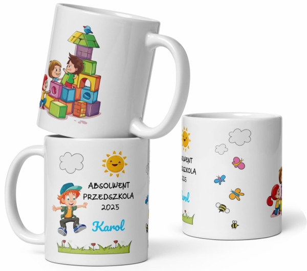 Kubek z imieniem Pasowanie na przedszkolaka, oraz kubek Absolwent przedszkola Megaprezencik