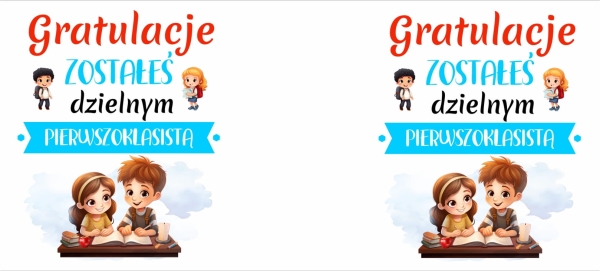 Kubek grafiką dzieci oraz napisem gratulacje zostałeś dzielnym pierwszoklasistą Megaprezencik