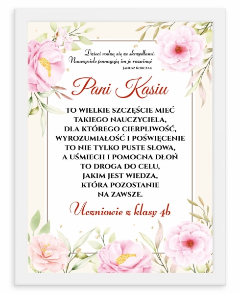 Podziękowanie dla Nauczyciela. Prezent drewniana biała ramka kwiatowa z życzeniami Mega Prezencik