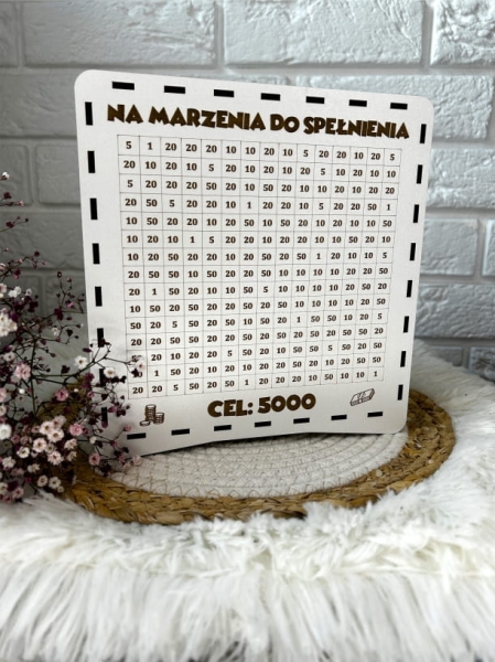 Prezent Skarbonka wykreślanka na pieniądze z białej płyty. Wyzwanie oszczędzania Mega Prezencik