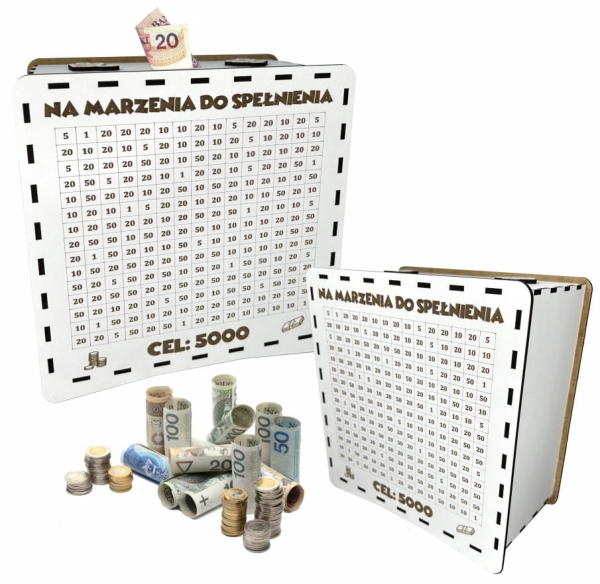 Prezent Skarbonka wykreślanka na pieniądze z białej płyty. Wyzwanie oszczędzania Mega Prezencik