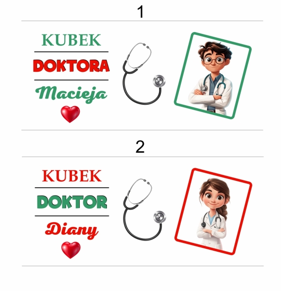 Biały kubek prezentowy dla lekarza z napisem 'Kubek Doktora' oraz grafiką uśmiechniętego lekarza Mega Prezencik