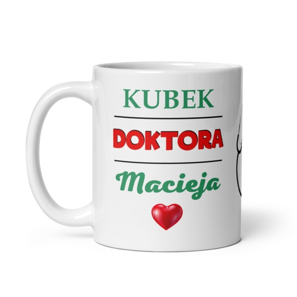 Biały kubek prezentowy dla lekarza z napisem 'Kubek Doktora' oraz grafiką uśmiechniętego lekarza Mega Prezencik