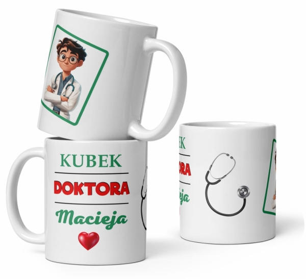 Biały kubek prezentowy dla lekarza z napisem 'Kubek Doktora' oraz grafiką uśmiechniętego lekarza Mega Prezencik