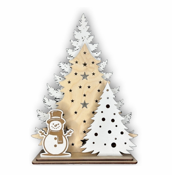 Świąteczna choinka ze sklejki z bałwankiem. Dekoracja bożonarodzeniowa Mega Prezencik