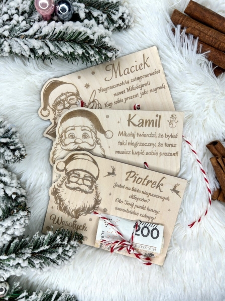 Bon Świąteczny z miejscem na banknot oraz zabawnym tekstem ze sklejki Mega Prezencik