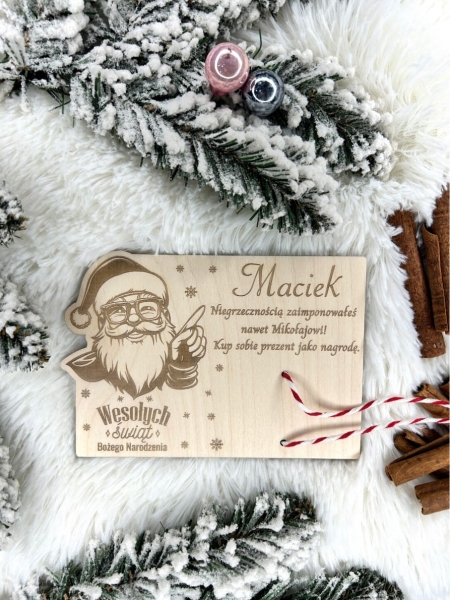 Bon Świąteczny z miejscem na banknot oraz zabawnym tekstem ze sklejki Mega Prezencik