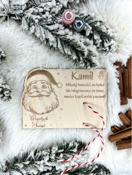 Bon Świąteczny z miejscem na banknot oraz zabawnym tekstem ze sklejki Mega Prezencik