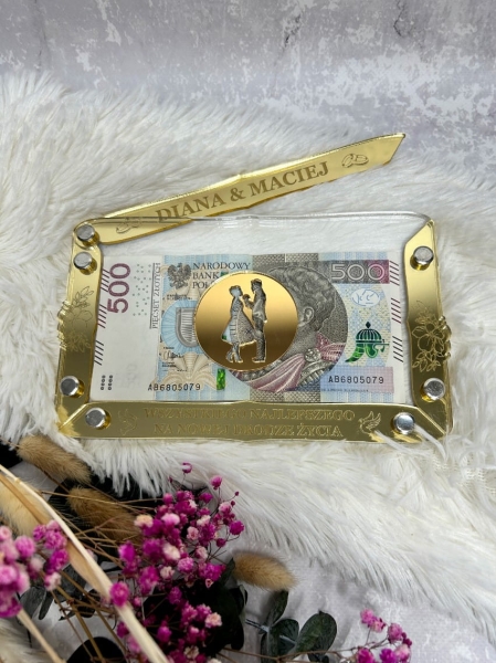 Koperta z lustrzanej złotej pleksi Ślubna. Prezent na ślub i rocznicę koperta na pieniądze Mega Prezencik