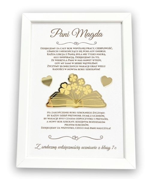 Podziękowanie dla Nauczyciela. Prezent drewniana biała ramka z życzeniami Mega Prezencik