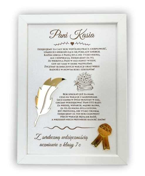 Podziękowanie dla Nauczyciela. Prezent drewniana biała ramka z życzeniami Mega Prezencik