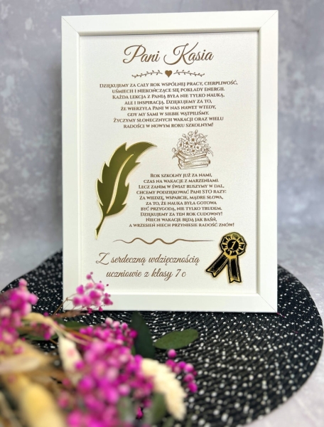 Podziękowanie dla Nauczyciela. Prezent drewniana biała ramka z życzeniami Mega Prezencik