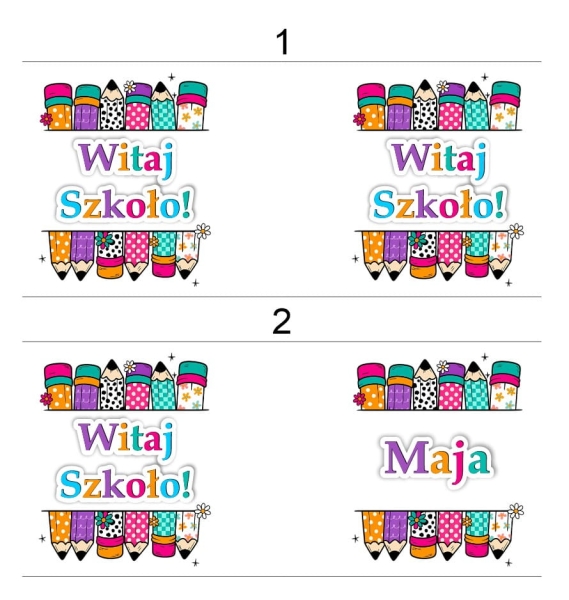 Kubek z napisem Witaj Szkoło oraz kolorowymi kredkami. Kubek na pasowanie Mega Prezencik