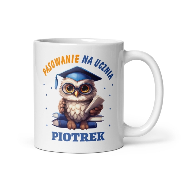 Kubek dla chłopca pasowanie na ucznia z imieniem. Grafika madrej sowy Mega Prezencik