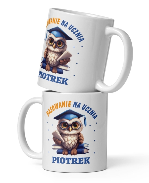 Kubek dla chłopca pasowanie na ucznia z imieniem. Grafika madrej sowy Mega Prezencik